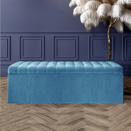90cm Wide Ottoman Storage Box - Large Safar Striped Storage Ottoman - Plush Velvet Upholstered Blanket Box - End of Bed Bench - Shoe Storage Bench - Entry hallway Bench (Duck Egg Velvet)