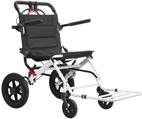 Sinuyie Silla de ruedas plegable de transporte, silla de ruedas portátil ultraligera para adultos y personas mayores, silla de ruedas de viaje con mango telescópico, ruedas traseras de 11.8 pulgadas