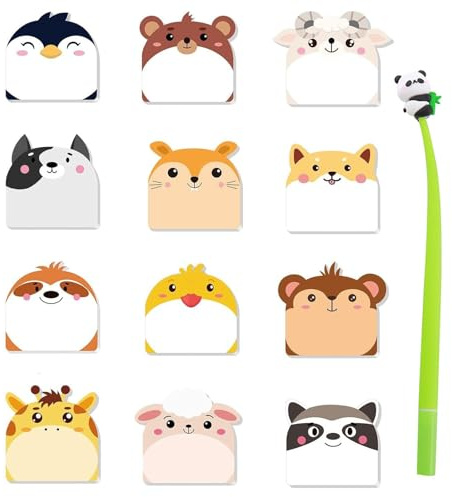 Luxvara Lot de 12Petits Blocs-Notes Autocollants pour Enfants, Drôles Kawaii Sticky Notes Fantaisie Stationnaires con Stylo Panda, Petits Cadeaux pour Élèves et Anniversaires D'enfants, L'école Bureau