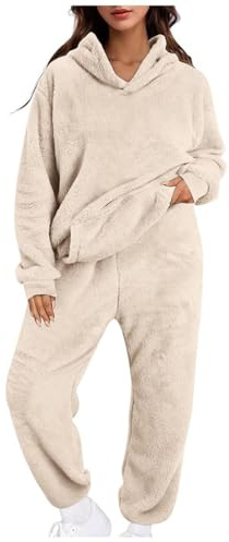 Hausanzug Damen Kuschelig Zweiteiler Lounge Set Warm Fleece Kleidung Frauen Hoodie und Hose Jogginganzug Loungewear Winter Outfit Flauschig Homewear 2 Teiler Lang Kuschelanzug Freizeitanzug Beige S