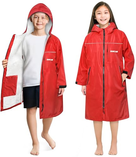 SUN CUBE Swim Parka Boy Girl, Kids Unisex Hooded Changing Robe with Water Resistant Shell and Sherpa Lining for Swimming, Surfing, Triathlon, Water Sports, Red