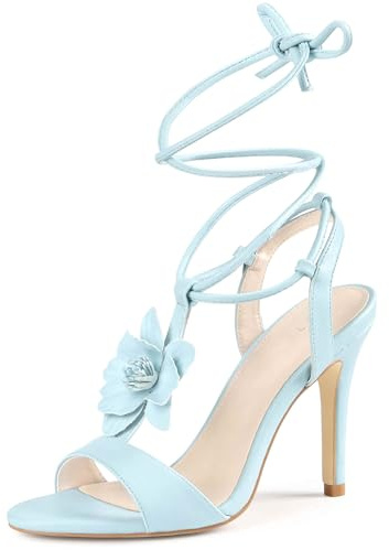 Perphy Flower T-Strap Lace Up Stiletto High Heel Sky Blue Sandals for Women 7 M US