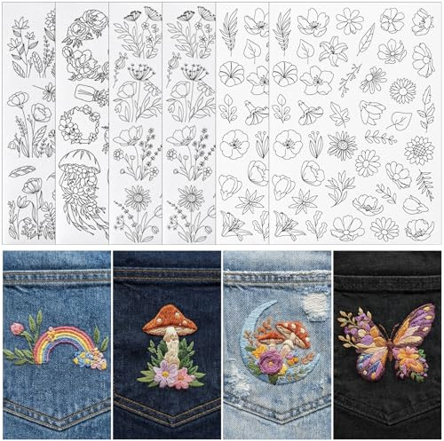 8 Hojas 105 Piezas Plantillas de Bordado Solubles en Agua Autoadhesivas, Entretela Soluble en Agua con Motivos Florales, Papel Transferencia de Bordado, para Principiantes Amantes la Costura DIY