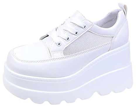 Generiska sneakers dam kilklack platå, skor dam elegant läder sportskor mjuka halkfria sneakers andas löparskor mode snörskor enfärgade fritidsskor bekväma promenadskor, Vit, 42 EU