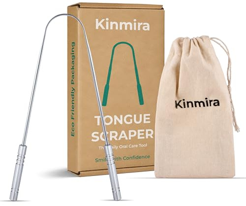 Kinmira Tongue Scraper (Pack of 1) - Stainless Steel Metal U-Shape Tongue Cleaner with Travel Pouch - Designed in London - Eco-Friendly Plastic-Free Packaging - Dental Hygiene & Fresh Breath