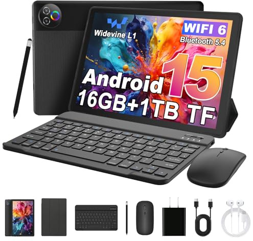 MUISOO Latest 2026 Upgraded Android 15 Tablet, 16GB+1TB Expandable, Android Tablet with Bluetooth 5.4, WiFi 6, Dual Camera, Touch Tablet with Keyboard, Protective Case, Mouse and Headphones (Black)
