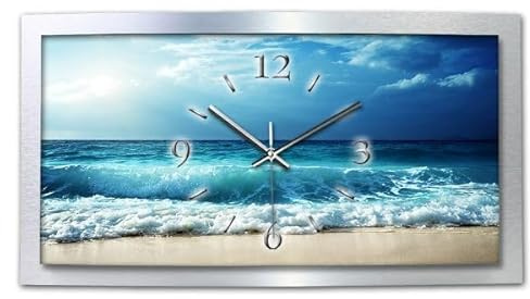 Kreative Feder 3D Designer-Wanduhr Ocean in modernem Metallic-Design; leise Funkuhr mit Meer Motiv wahlweise in Zwei Größen (WAA056, 80x40cm; leises Funkuhrwerk)