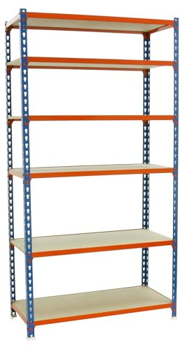 Simonrack Schwerlastregal, Lagerregal, 250x100x50 cm, Metallregal, Kellerregal, Biegestelle 150 kg, 6 Holzfachböden, Blau/Orange/Holz - Maderclick