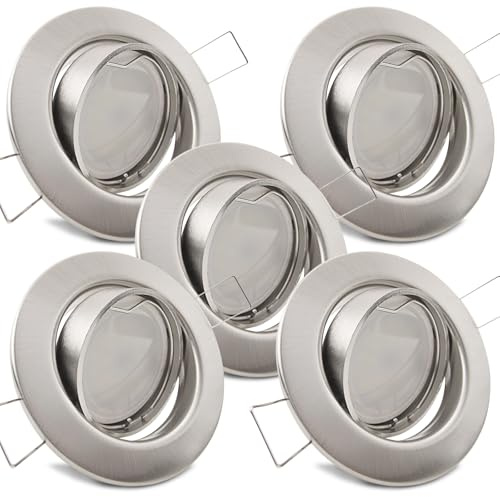 trendlights24 Decora LED Decken Einbaustrahler flach dimmbar 230V 5W 5x Set | ET 35 mm, Spot, 400lm, Warmweiß, 3000K, austauschbar, Deckenspots, Decken Einbauleuchte, Edelstahl Optik, rund, schwenkbar