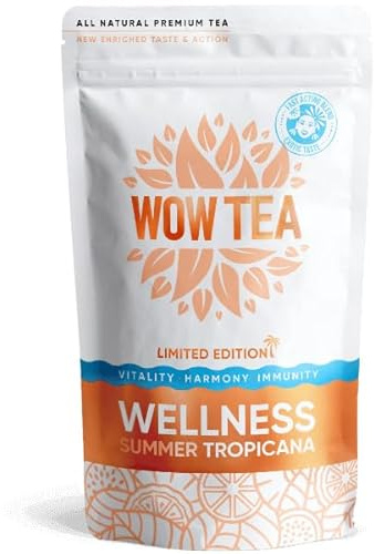 WOW TEA Té Summer Wellness - Descafeinado y energético de hierbas con hierbas ayurvédicas puras, sabor a Ashwagandha, mango y melocotón para mejorar la inmunidad y el bienestar | 150g, Made in EU