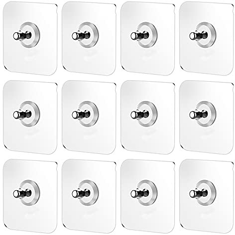 LongZYU 12 Selbstklebende Haken Supertragfähigkeit Selbstklebende Klebeschraube Wasserdicht Wandbefestigung ohne Bohren Transparent Selbstklebende Schraubenaufkleber für Badezimmer Küche 7x7cm
