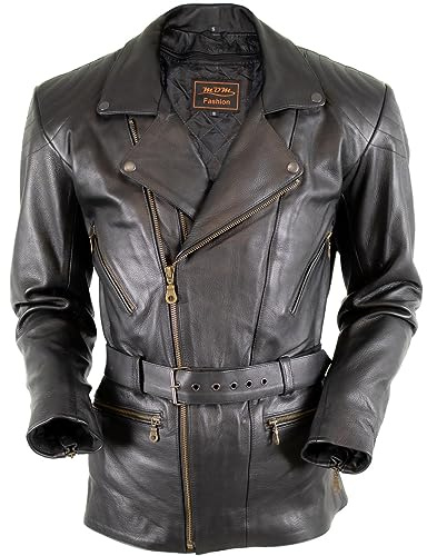 MDM Herren Längere Motorrad Jacke aus echtem Rinds Nappa Leder, Chopper Jacke, schwarz (Gr. 4XL)