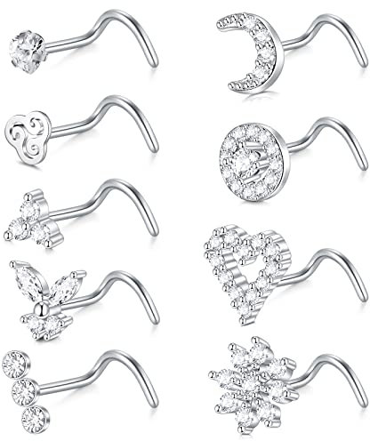 Zolure 18G Nasenpiercing Ring Chirurgenstahl Nasenstecker mit Mond Blume Herz CZ Piercing Nase Spirale für Damen 9 Stück
