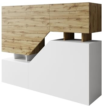 Mirjan24 Kommode Nesezi mit 4 Türen (Wotan/Weiß) | Griffloses Highboard mit offenen und geschlossenen Fächern für Bücher, Deko und Zubehör, B/H/T: 120/100/35 cm