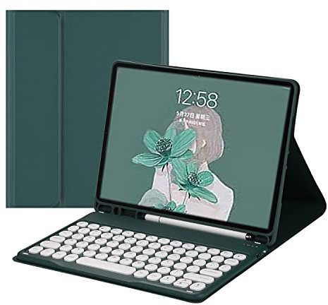 QYiiD Funda para Teclado para iPad de 9ª, 8ª y 7ª generación, Teclado Redondo, Air 3 Pro 10.5 Funda Tipo Libro con Soporte para lápiz, Teclado español Ñ Desmontable para iPad 10.2 Pulgadas, DrakVerde