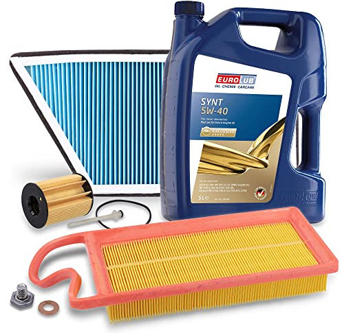 BESTPRICE Inspektionspaket Filterset mit 1x Ölfilter; 1x Luftfilter; 1x Innenraumfilter; 1x Ölablassschraube mit Dichtring; 1x Motoröl 5W-40 EUROLUB 5 l