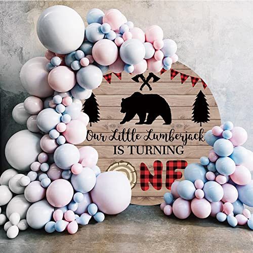 Bovlleetd 200cm Toile de Fond Ronde en Bois Rustique Un Petit bûcheron Tourne la Hache croisée Ours Arbre Silhouette Cercle Décors Bannière Décor pour la décoration de fête d'anniversaire