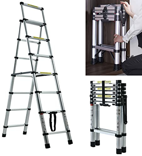 1.7 m + 2 m Extendable Telescopic Ladder, Robust Aluminium Folding Ladder, Telescopic Ladder, A-Frame Step Ladder with 5 + 6 Rungs, 150 kg Load Capacity EN131