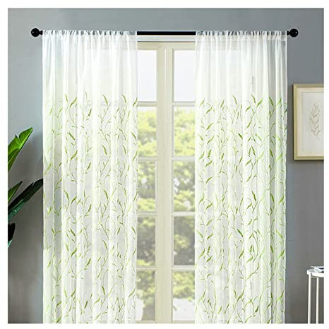 Epinki Vorhänge Polyester Blumen Gestickt, Grün Lichtdurchlässig Gardine Vorhang Vintage ohne Bohren in Leinenoptik Vorhang für Jugendzimmer Arbeitszimmer, 183x137cm(H x B), 2er-Set