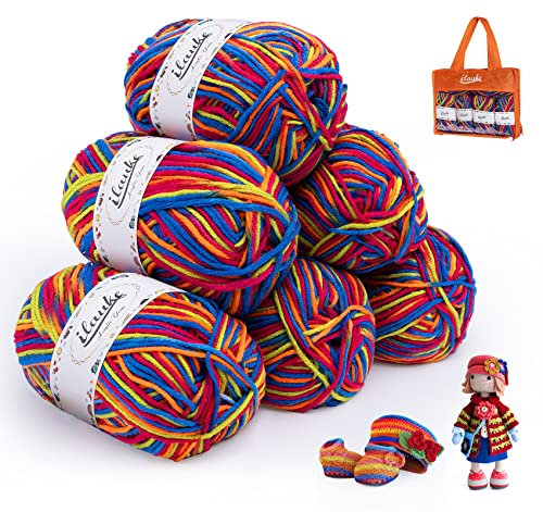 ilauke 6 Stück Wolle zum Häkeln, 300g(6x50g) 4-Fädig Acrylgarn zum Stricken, Häkelwolle für Anfänger Farbverlauf mit Tragetasche, Dicke Baumwolle Häkelgarn Set für Häkeln & Stricken