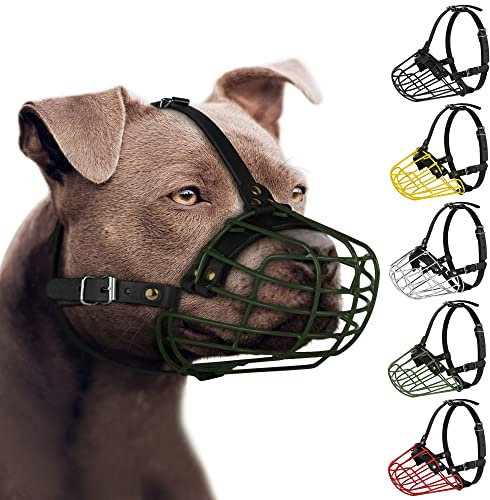 Pitbull Maulkorb für Hunde, Metallmaske, sicherer Drahtkorb, verstellbare und langlebige Lederriemen für große Hunde (grün)