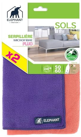 ÉLÉPHANT Maison - Serpillière Fluo x2 - Microfibre Idéale Surfaces Fragiles - Nettoie et Dégraisse sans Détergent - Sèche Rapidement - Écologique et Économique - Haute Qualité - Fabriqué en France