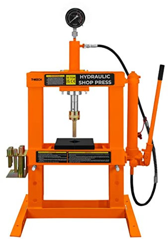 Hydraulische Werkstattpresse 10 Tonne Tisch- Bodenaufstellung Pulverbeschichteter Stahl Abnehmbares Manometer Handpumpe Einstellbarer Arbeitsbereich 180-335mm KOSTENLOSER 8 Dorne & 1 Adapter