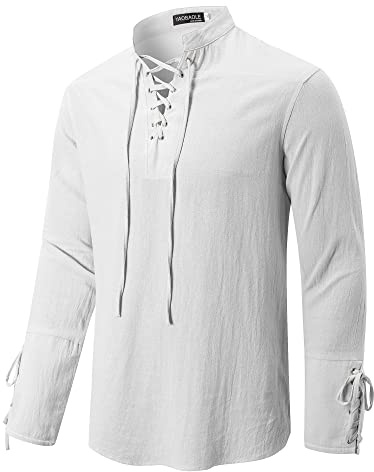 YAOBAOLE Chemise Homme Style Médiéval à Lacets Coton Lin Manche Longue Décontractée Été Pirate Viking Déguisement Blanc L