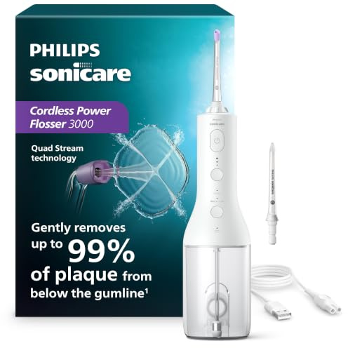 Philips Sonicare Cordless Power Flosser 3000 - Water Flosser with Innovative Quad Stream Technology, Oral Irrigator with 2 Flossing Modes and 3 Pressure Levels, IPX7 Waterproof, White, HX3826/21