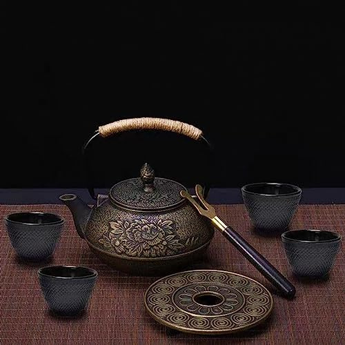 Set teiera in ghisa stile giapponese da 0,9 l con infusore per tè sfuso e piano cottura, bollitore per tazze da tè Kungfu con sottopentola, regali per uomini adulti donne compleanno Natale
