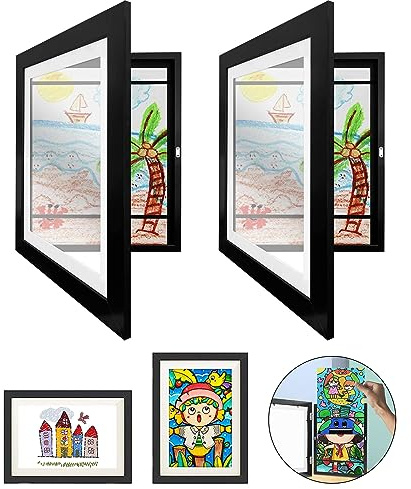 2Pcs Cadre Dessin Enfant à Changer, Muraux d'Affichage d'Œuvres, Photo Artistique à Charnière, Ouverture Frontale A4 en Bois, Rangement d'Images, Noir