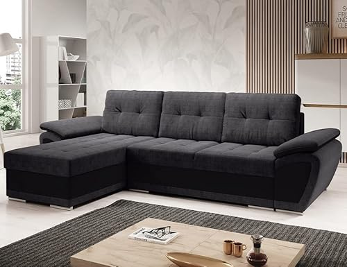 Easy4You ENZO Grau/Schwarz Ecksofa L-Form Links 268 x 97 x 157 cm mit Schlaffunktion und Stauraum - Schlafsofa mit Bettkasten - Moderne Wohnzimmermöbel – Stoff: SORO 97 + Soft 11