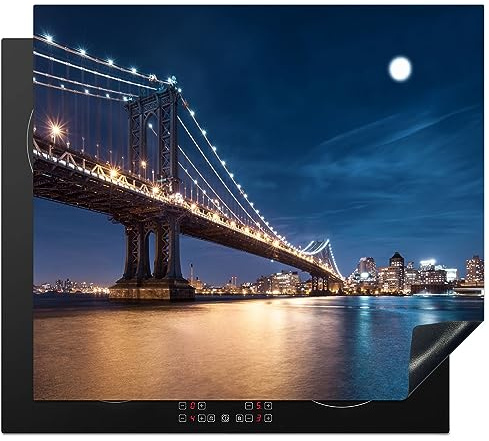 KitchenYeah© Induction Hob Protector Mat Stove Cap Top Cover Kitchen Cooker | 20.1x23.2 / 59x51 cm - Covers for Electric Hobs Vinyl Bridge - Light - Evening - Lake - Blue - City