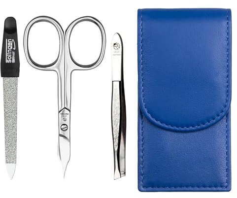 Sonnenschein by Hans Kniebes Maniküre Set 3-teilig Kobaltblau – Nagelpflege Set Edelstahl rostfrei – Nagelschere, Feile & Pinzette – Echtes Nappa Lammleder Etui – Reise Manikürset kompakt