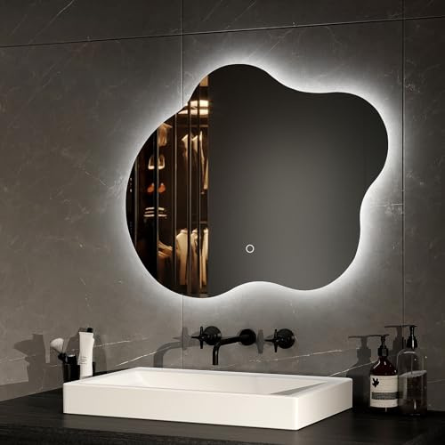 EMKE Espejo de baño con Luces LED, 500 x 600 mm, Forma Irregular, sin Marco, Espejo retroiluminado para Maquillaje con antivaho, atenuación y 3 Colores, función de Memoria, Vertical y Horizontal
