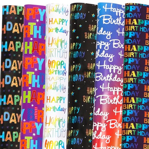 Birthday Wrapping Paper 12 Sheets 50X70cm for Women Men Girls Boys | With Ribbon,6 Design Gift Wrap Paper for Birthday Present