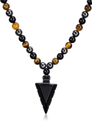 PiercingJak Herren Halskette Pfeil Arrow Pfeilspitze Edelstein Anhänger mit 8mm Hämatit Tigerauge Obsidian Perlen Kette Kristallkette Heilsteine Schmuck Amulett Geschenk für Männer