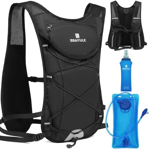 BBAIYULE® Trinkrucksack mit Trinkblase|Laufweste Damen und Herren|Laufrucksack Trinkrucksack Laufen|Fahrradrucksack Joggen Trailrunning Rucksack (mit 2L Trinkblase und 470ml Soft Flasche)