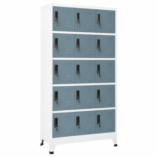 Capwee Armoire Vestiaire Métallique Industriel - Meuble Casier en Acier avec 15 Compartiments - Gris Clair et Gris Foncé