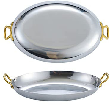Paellera ovalada española de acero inoxidable ovalada con doble asa, plato de pescado, platos de mariscos, platos de cangrejo, plato de carne, cubiertos, bandeja de frutas para postre, carne, sushi