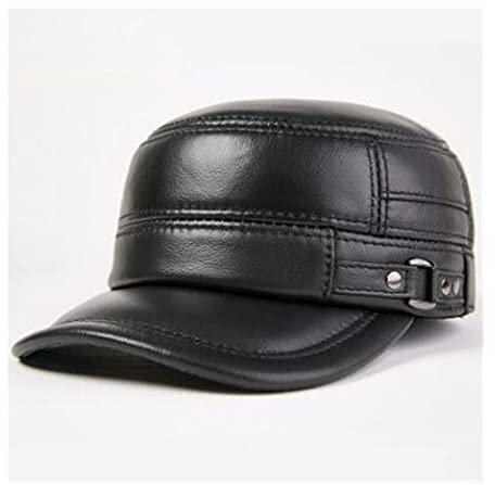 Lederkappe Echtes Leder Hut Männer Armee Mili-Tary Hüte Einstellbare Größe Neue Männer Rindsleder Flat Caps mit mittlerem Alter(Svart,58-60cm)