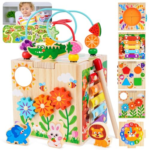 Wooden Activity Cube | Montessori Toys for 1-2 Year Old Toddlers | One Year Old 1st First Birthday Gift | Developmental Toys for 12 Months Baby Boys Girls | Bonus Sorting & Stacking Board (Pink)