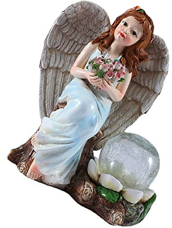 DOITOOL Statue De Jardin En Résine Avec Globe Solaire Craquelé Lampe Solaire D'ange Résistante à La Pluie Décoration Extérieure Pour Patio Et Jardin Éclairage Nocturne Automatique Solide