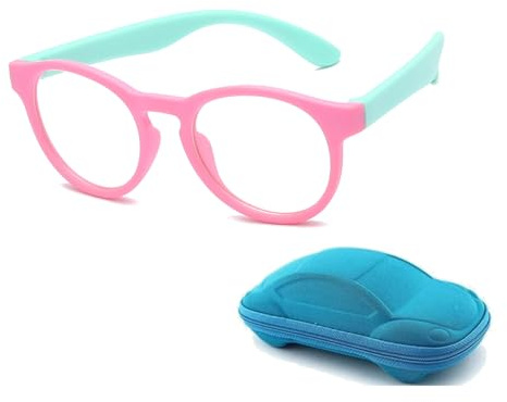 LJCZKA Runda blåljusfilter glasögon flickor pojkar, runda glasögon utan styrka barn för PC, mobiltelefon, anti-trötthet, Rosa grön, S