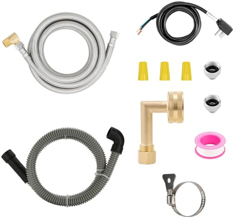 Roastove Universal Dishwasher Installation Kit,6 Ft Stainless Steel Dishwasher Hose,Burst Proof Water Supply Line with 3/8 Compression Connections,With a 6 feet drain hose and a clamp, one set