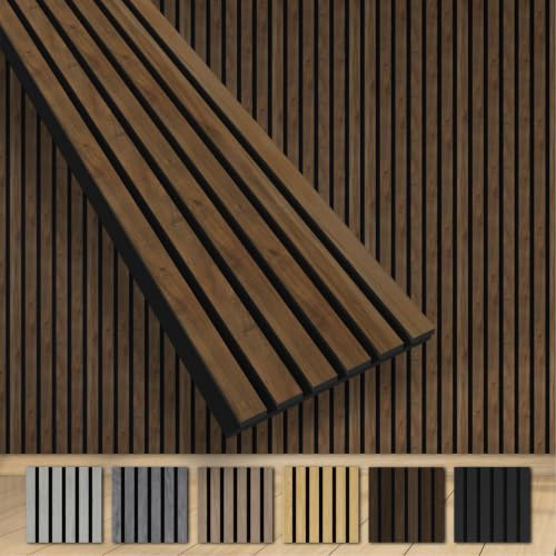 HEXIM Akustikpaneele 10 Stück 280x30cm Holz Grande - XXL Wandpaneele Platten Lamellen Holzpaneele Echtholzfurnier 21mm Filz Schalldämmung MDF Braun (8,41m² Light Walnut)