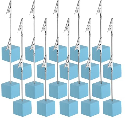 PATIKIL Soporte Para Tarjetas De Lugar 20 Piezas Soporte Para Memo Clip Con Pinza De Cocodrilo Soporte Para Números De Mesa Base De Madera Para Fotos Notas Y Tarjetas Color Azul Claro