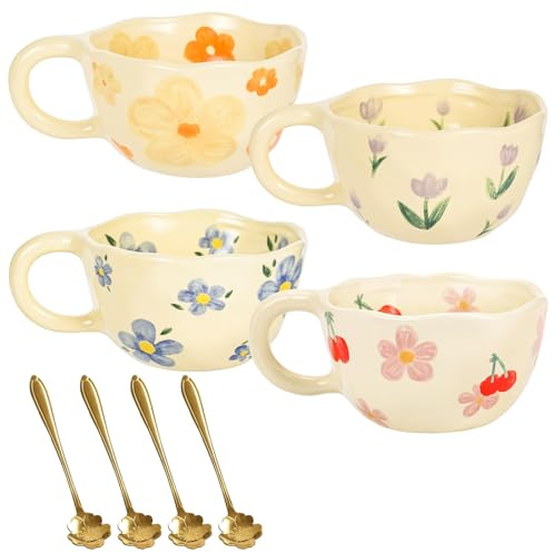 PORFOYO Set di 4 tazze in ceramica fatte a mano in ceramica, motivo floreale, esteticamente creativo, idea regalo per latte, tazza irregolare per casa e ufficio (motivo floreale/300ml)