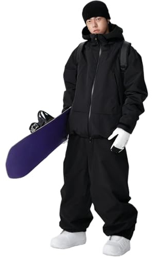Skidjacka för män och kvinnor, skidbyxor, set skidkläder, 2 delar, snödräkt, vattenpelare, snöjacka, ventilerande remmar, vindtäta snöbyxor för skidåkning, snowboard, svart, XL