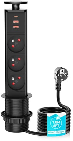 Multiprise Encastrable avec 3 Prise française,Airmom 4000W/16A Prise Escamotable avec 2 USB A,1 USB C PD20W,Prise Encastrable Plan de Travail Cuisine Bureau, Ø 60mm Câble 1,8m